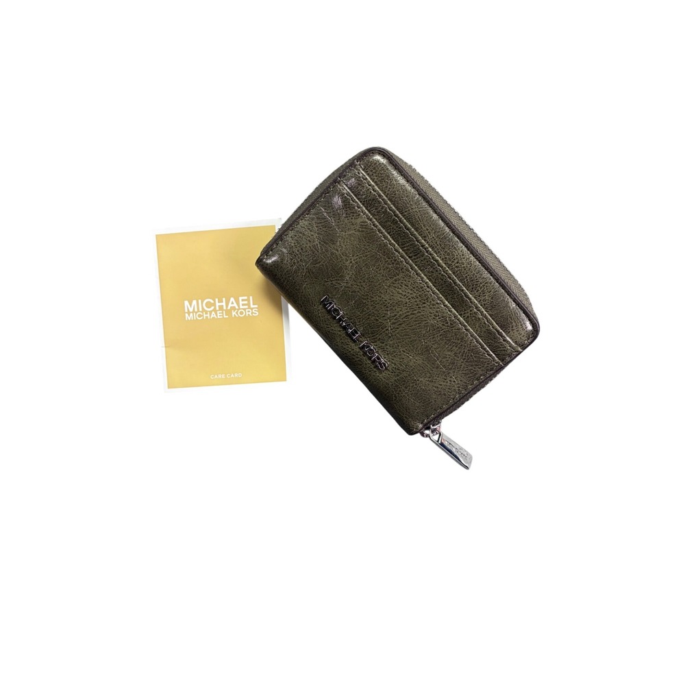 Michael Kors Green Leather Zip Around Card Case Wallet Silver Hardware